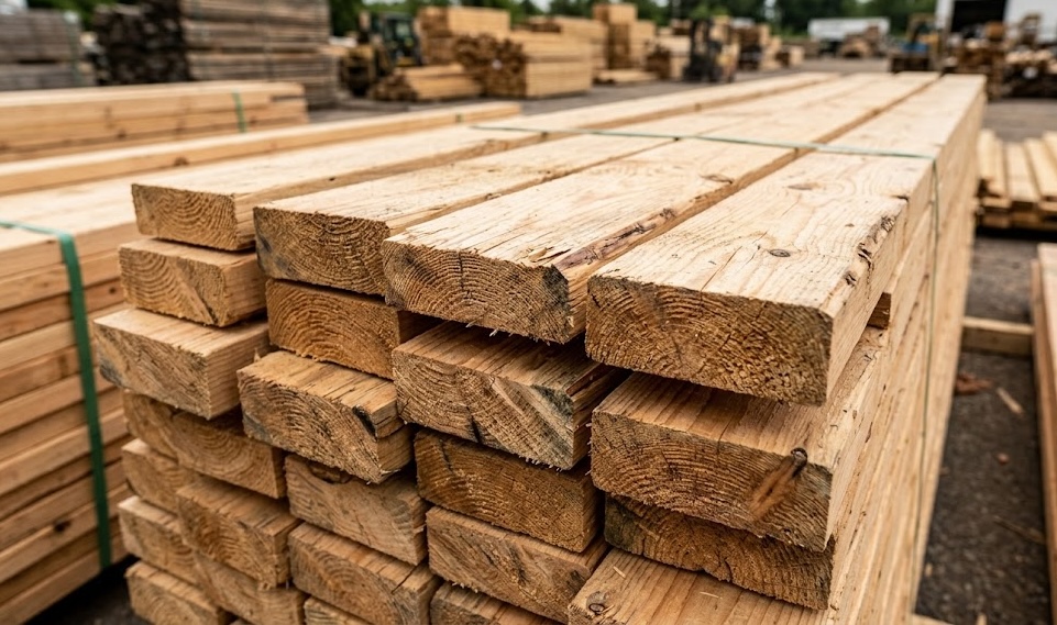 Stacked dimensional lumber at our yard